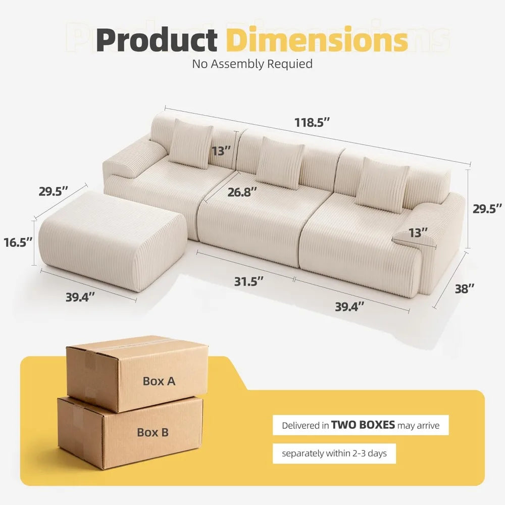 Modern L Shaped Sectional Sofa With Ottoman Corduroy Couch
