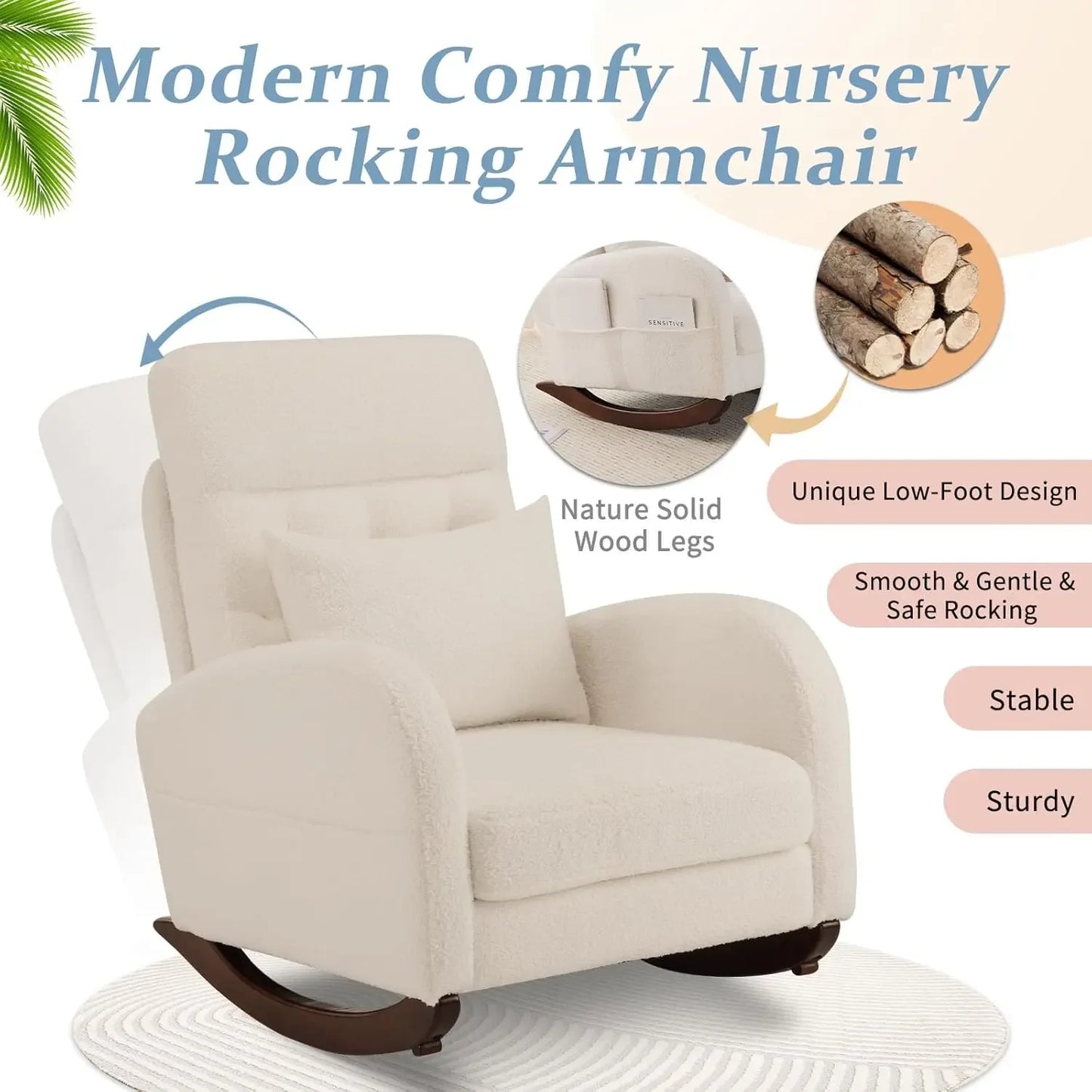 Teddy Fleece Nursery Glider Chair With Boucle Upholstery Side Pockets