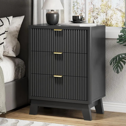 Fluted Nightstand With 3 Drawers Wood Bedside Table