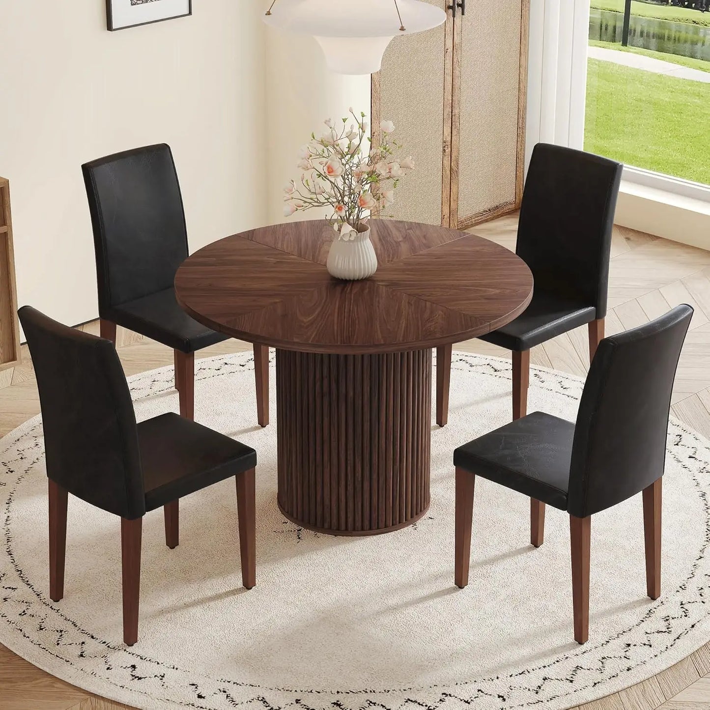 Round Dining Table Set With Suede Leather Chairs Modern Farmhouse