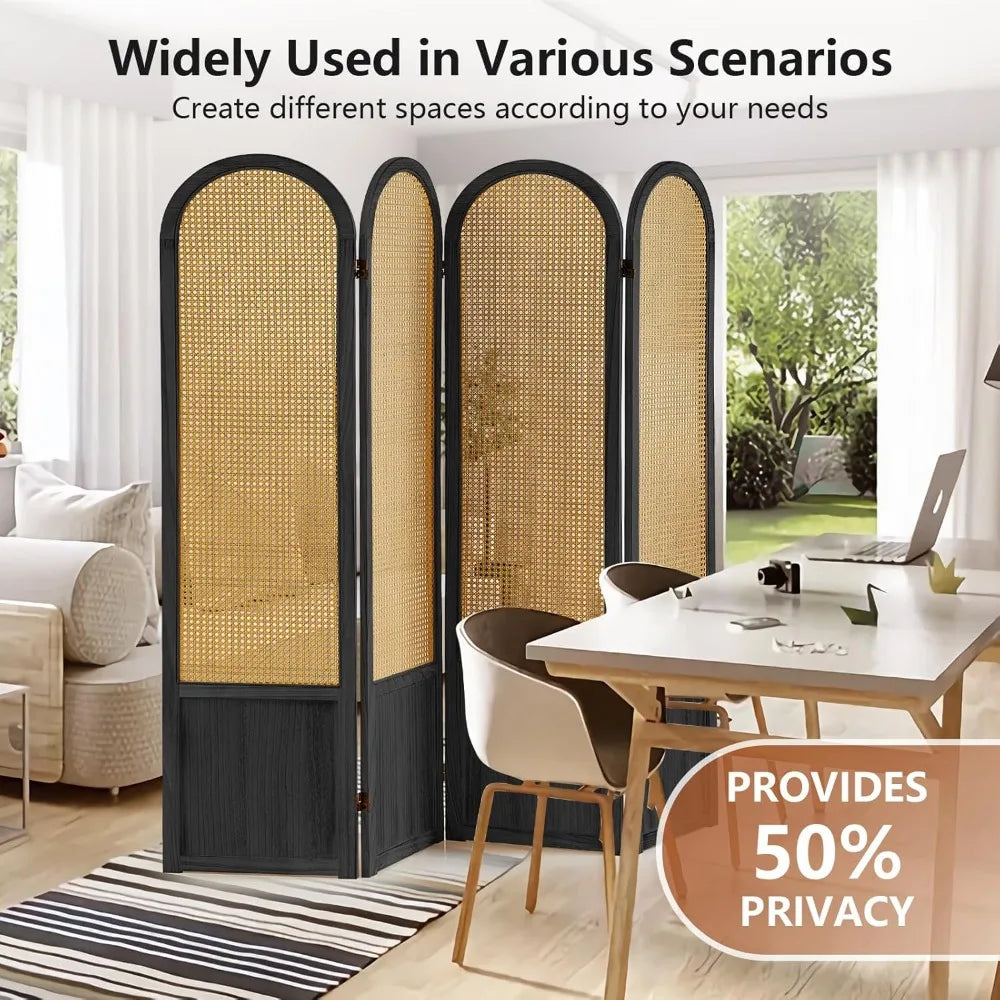 Room Divider 4 Panels Folding Privacy Screen Wood Rattan Portable Partition