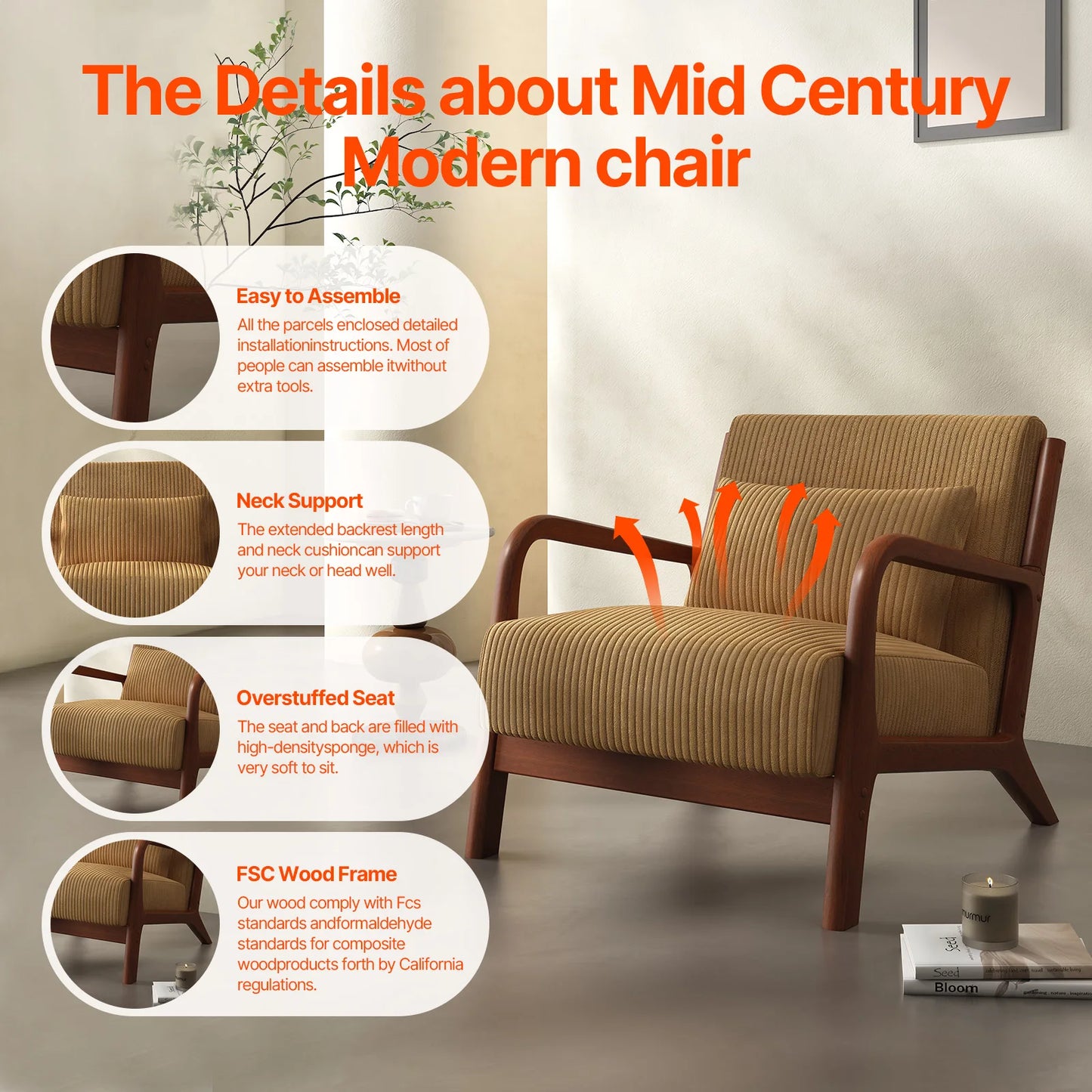 Bedro Mid Century Modern Accent Chair With Solid Wood Frame