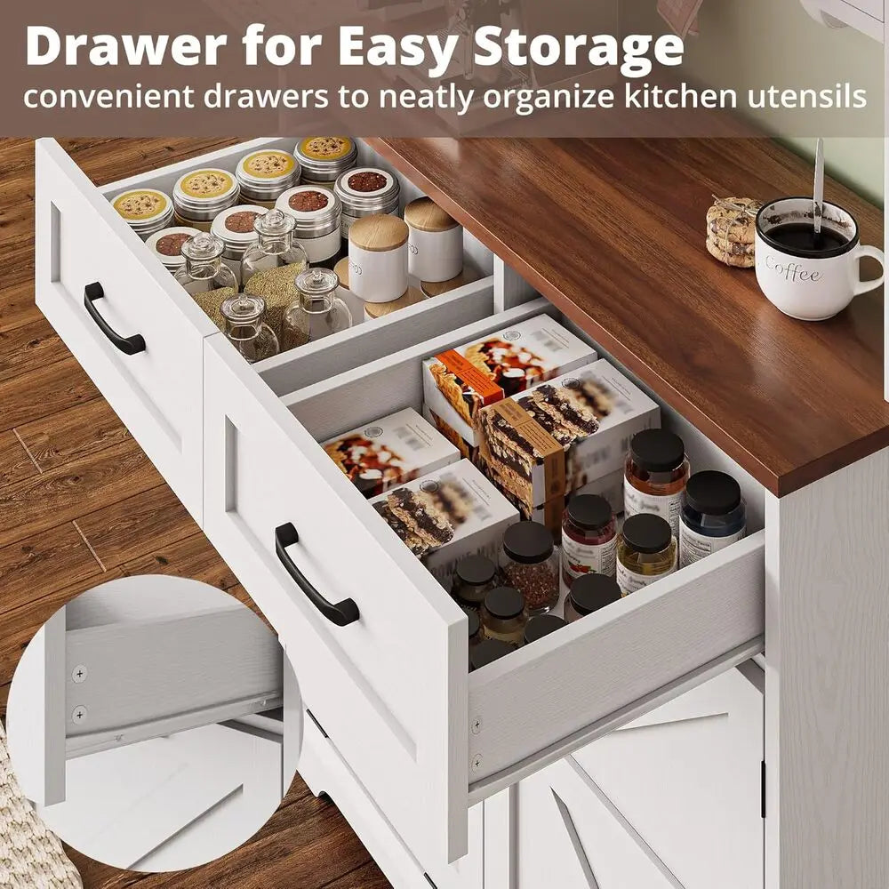 IRONCK Farmhouse Kitchen Pantry Storage Cabinet With Microwave Stand Charging Station Hidden Trash Can