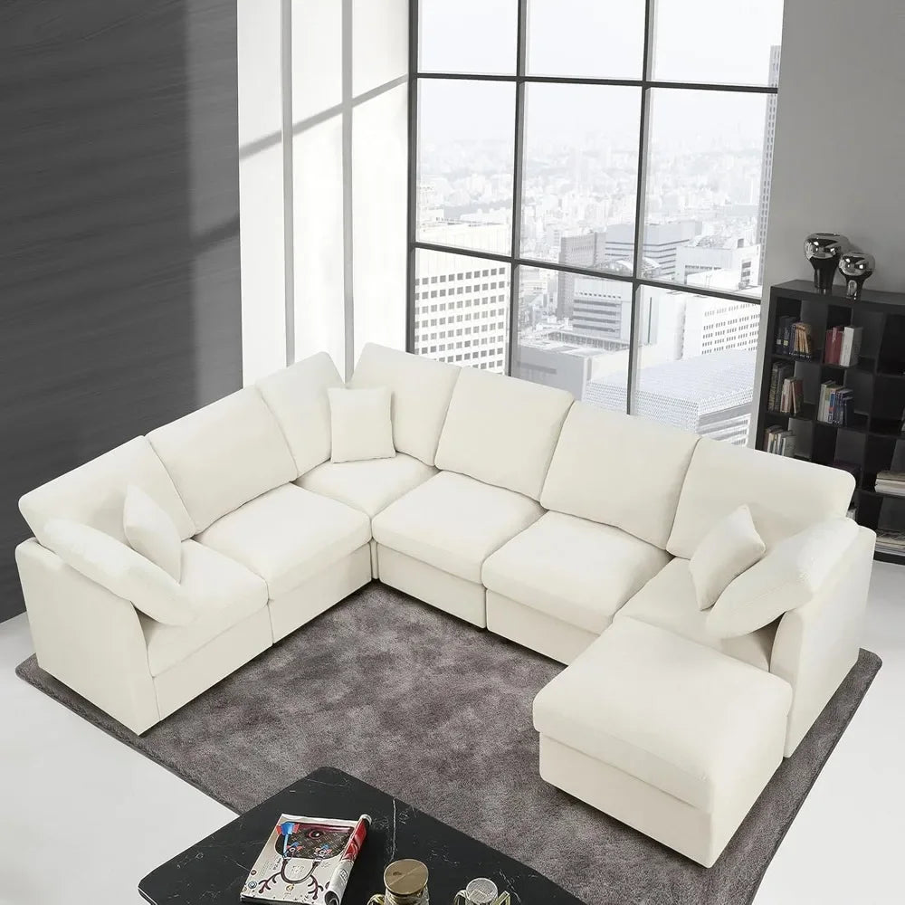 Chenille Modular Sectional Sofa With Movable Ottoman