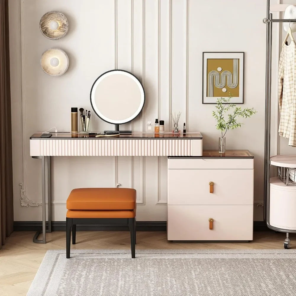 Makeup Vanity With LED Lighted Mirror And Extendable Dresser