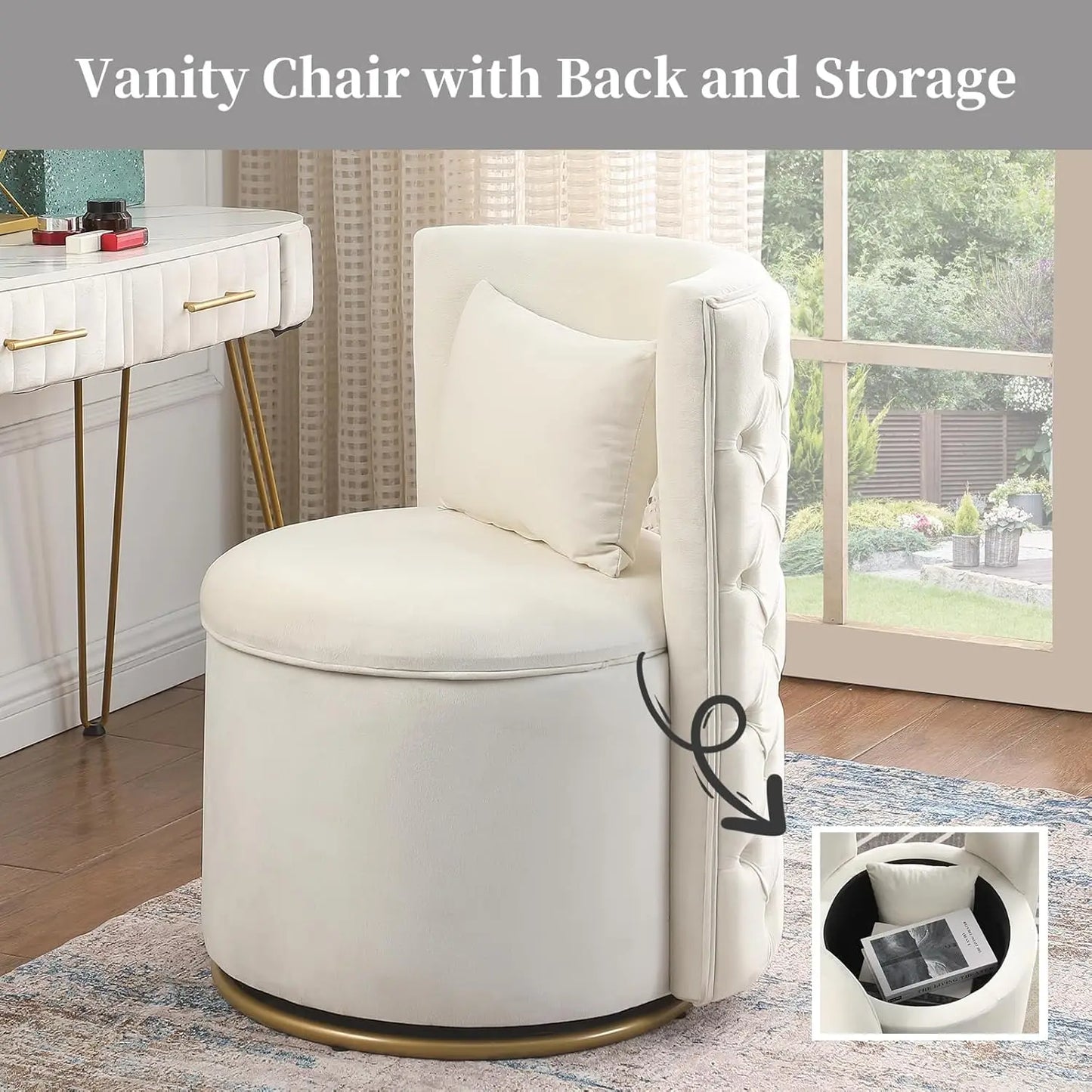 Swivel Storage Velvet Round Vanity Chair With Tufted Back
