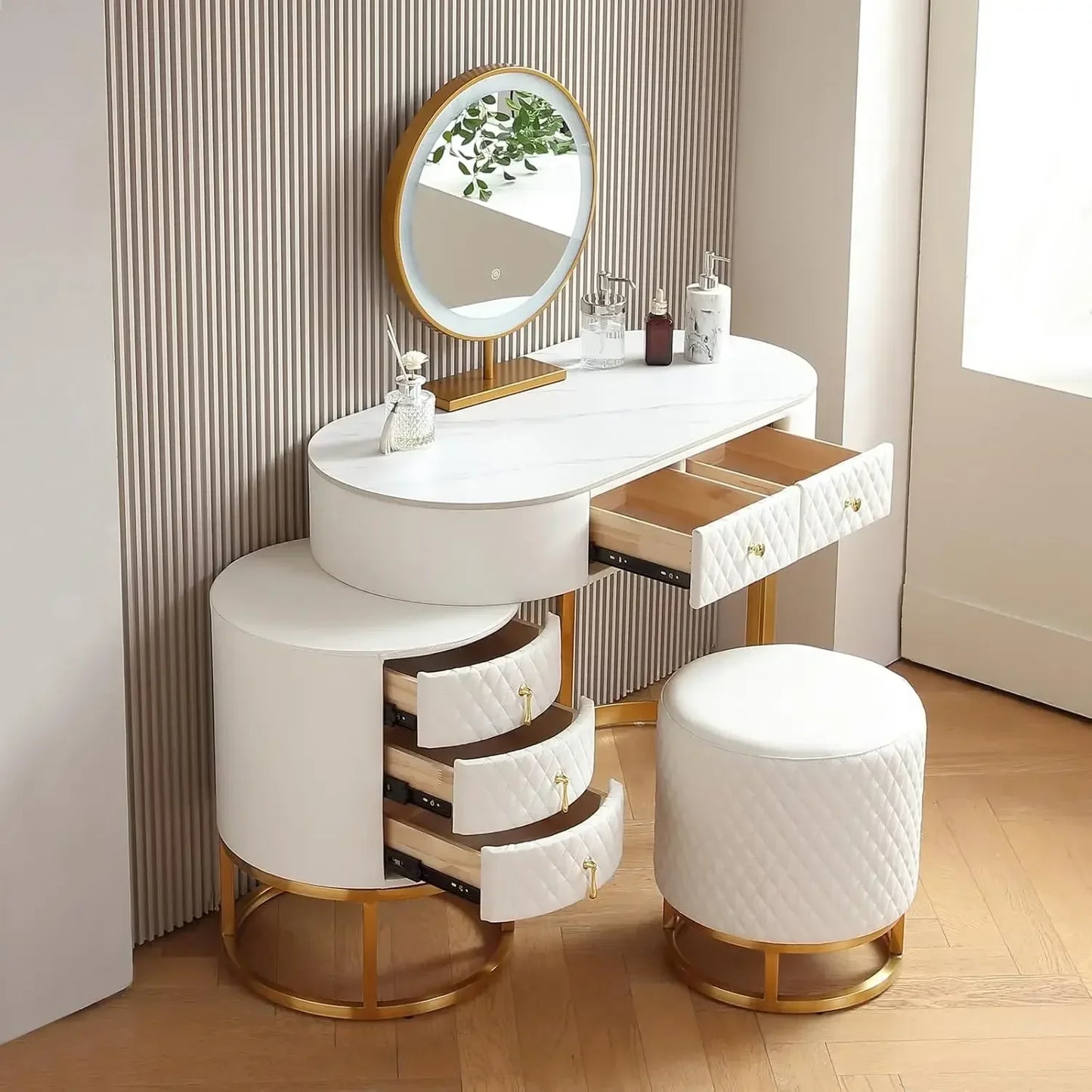 ExquisitelyPremium Faux Leather Vanity Desk Set With Integrated LED BrightMirror