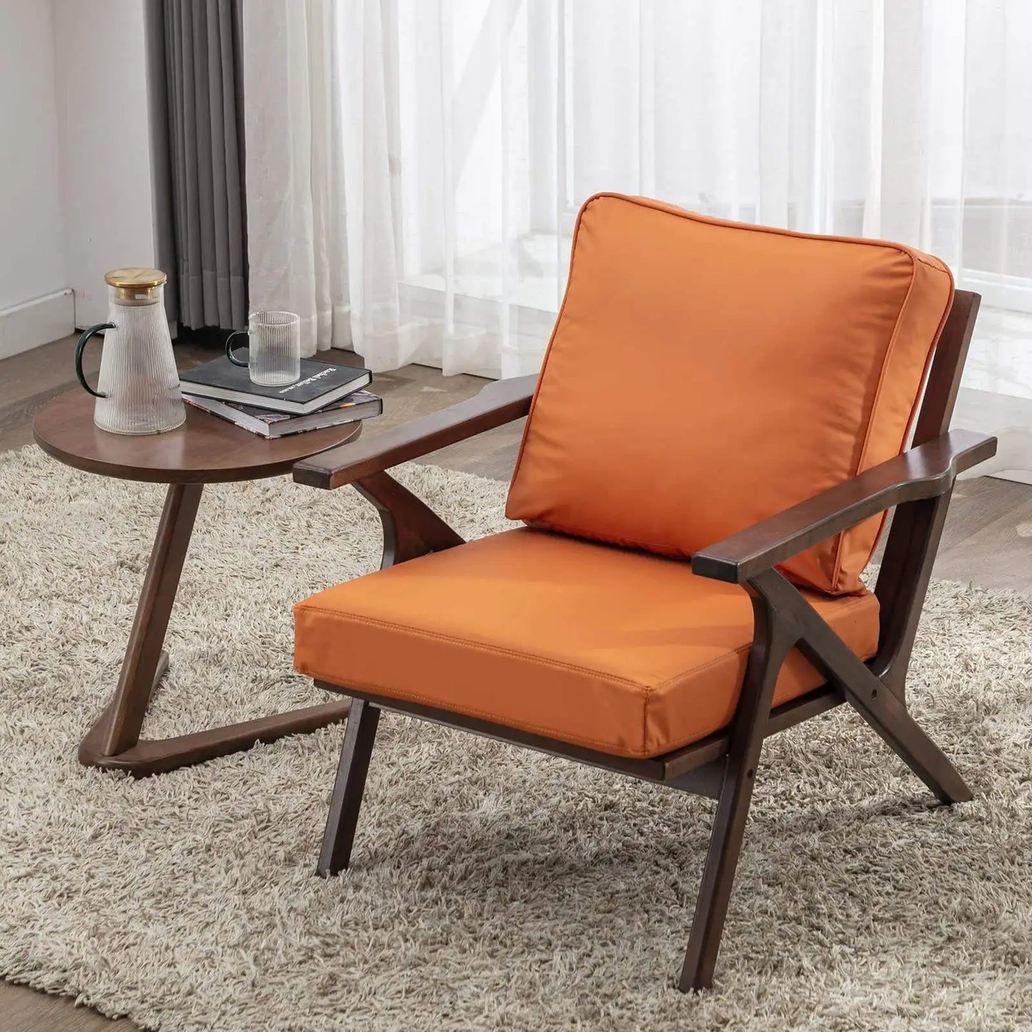 Mid Century Wood Frame Leather Upholstered Accent Chair Removable Cushions