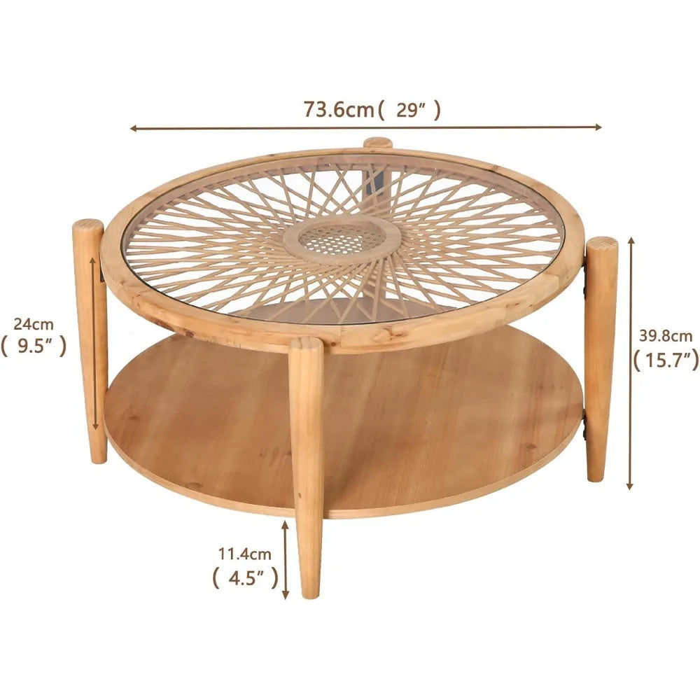 Boho Rattan Coffee Table Mid Century Tempered Glass Top