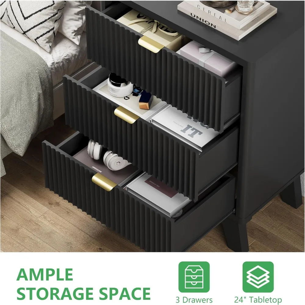 Fluted Nightstand With 3 Drawers Wood Bedside Table