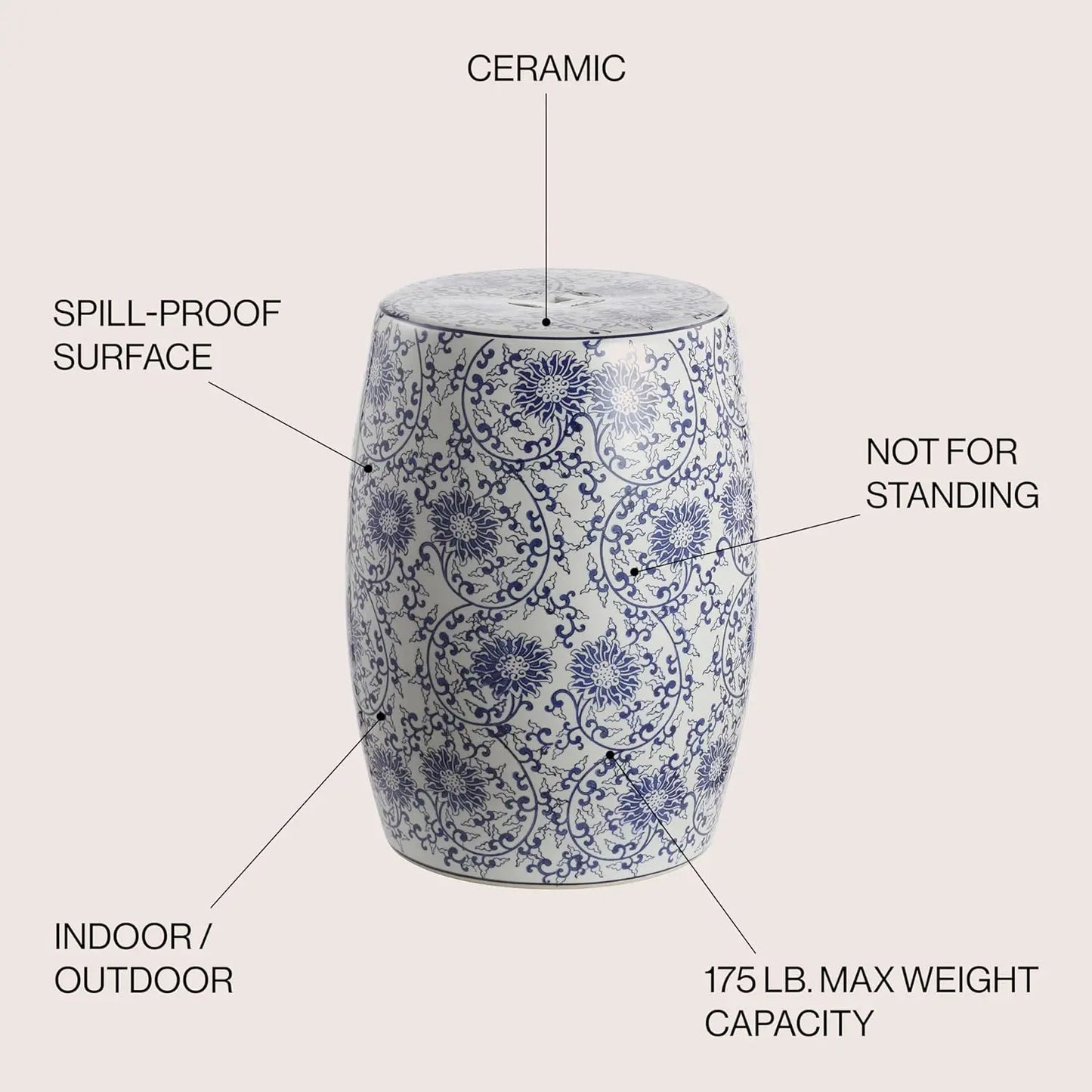 Lotus Blossom Chinoiserie Ceramic Drum Garden Stool Indoor Outdoor Bohemian Coastal Classic Cottage Style