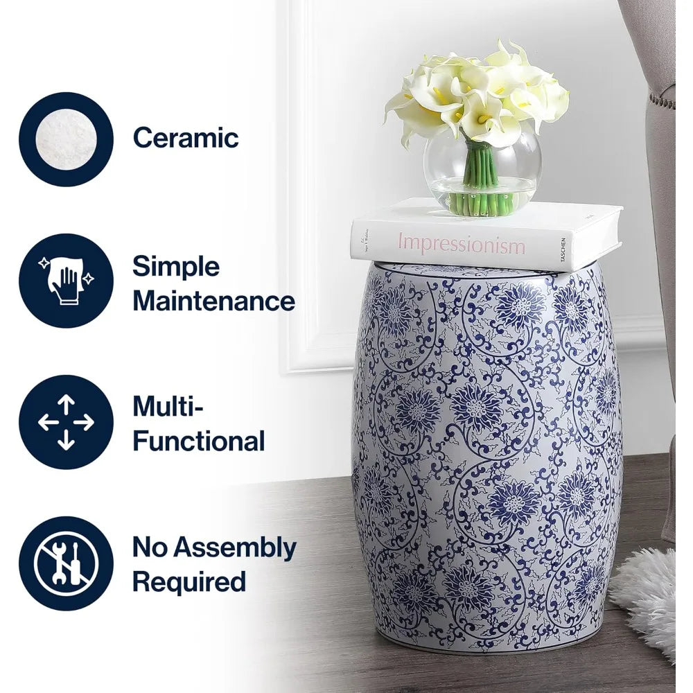 Lotus Blossom Chinoiserie Ceramic Drum Garden Stool Indoor Outdoor Bohemian Coastal Classic Cottage Style