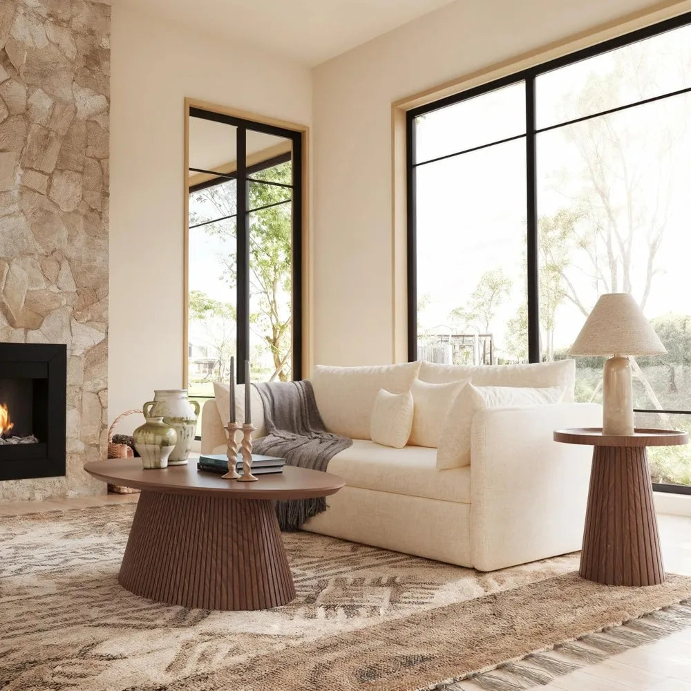 Mid Century Modern Oval Coffee Table Fluted Wood Veneer