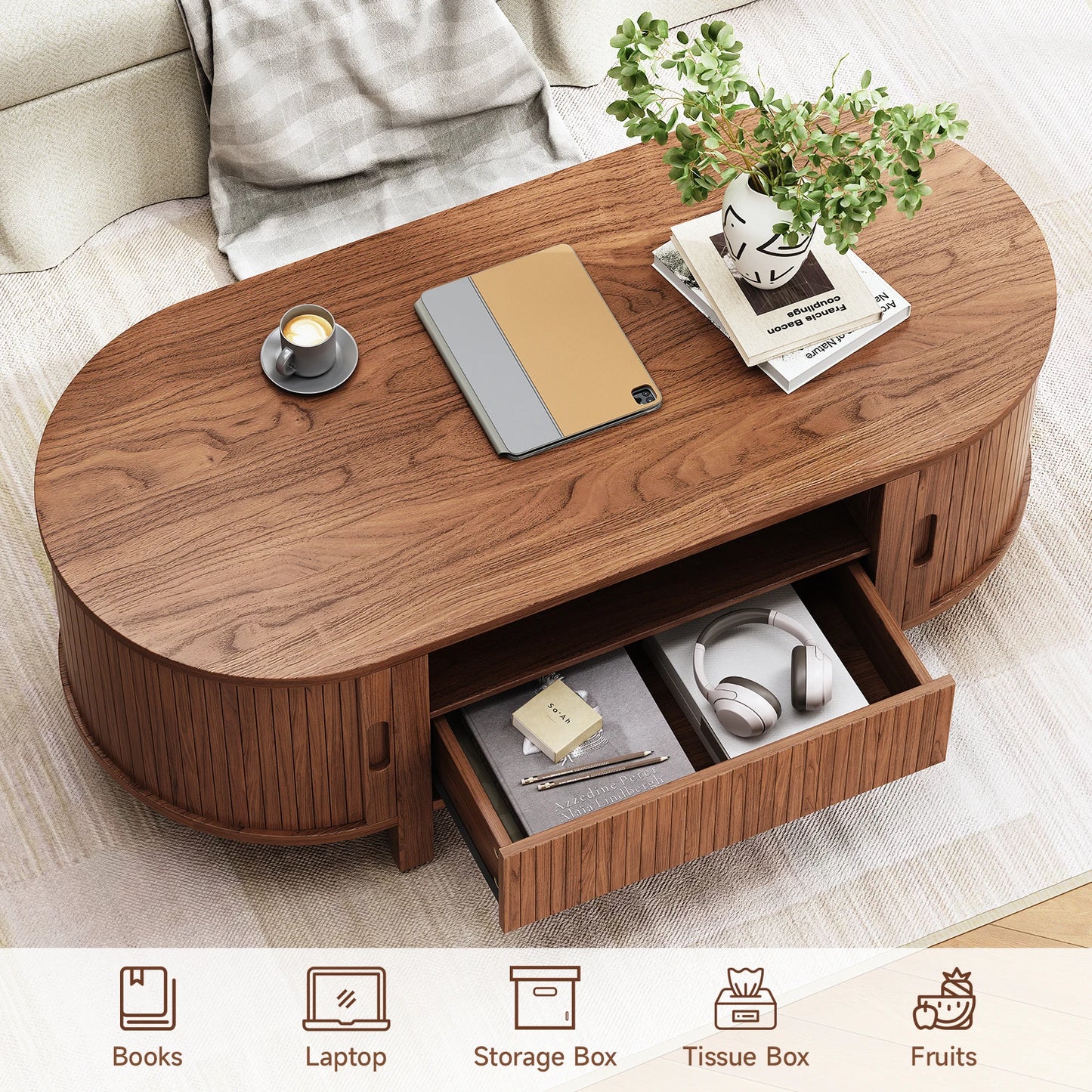 Oval Coffee Table With Storage And Sliding Doors Living Room