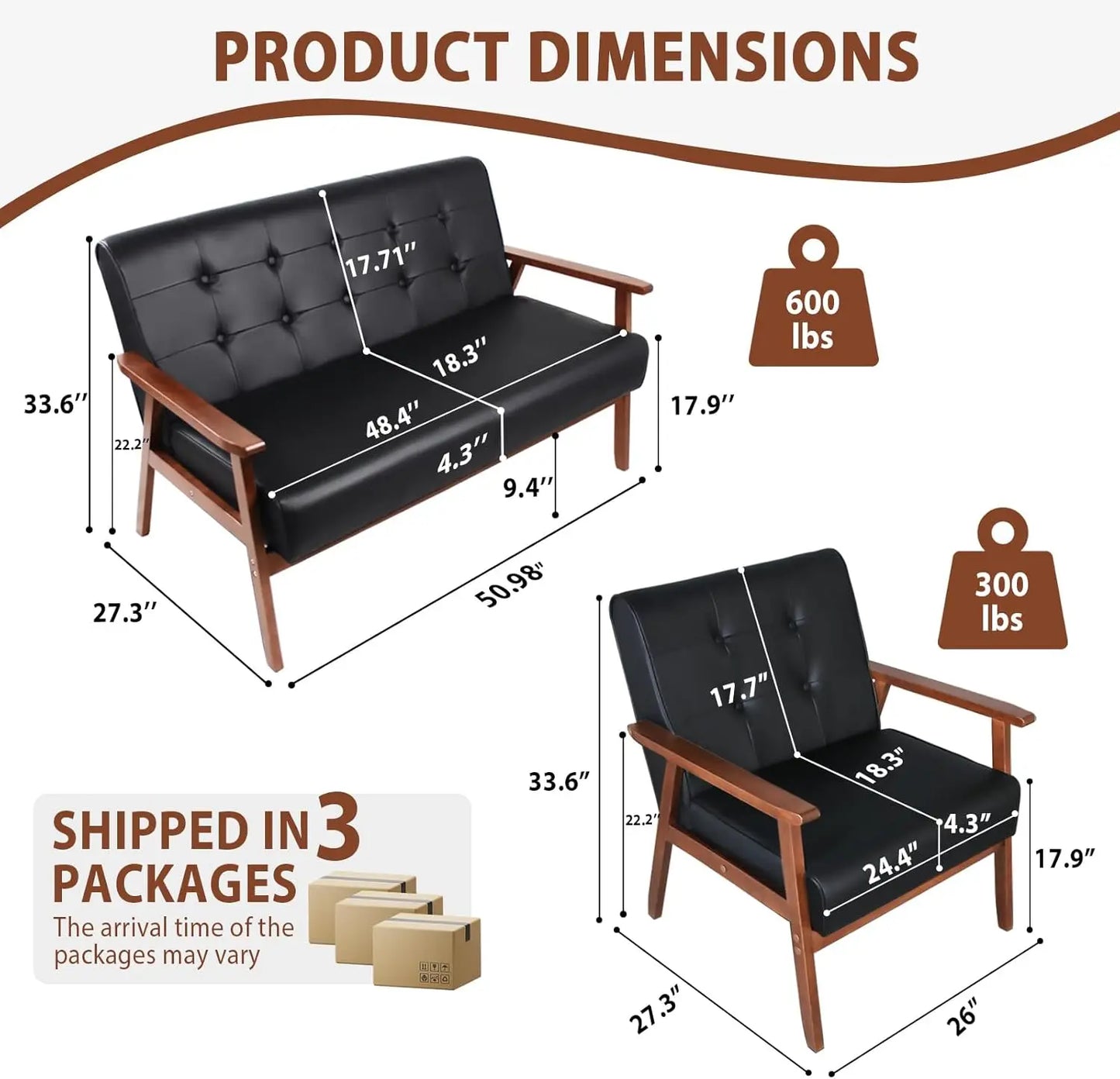 Century 1 8428 Modern Wood Arm Sofa Set With Loveseat