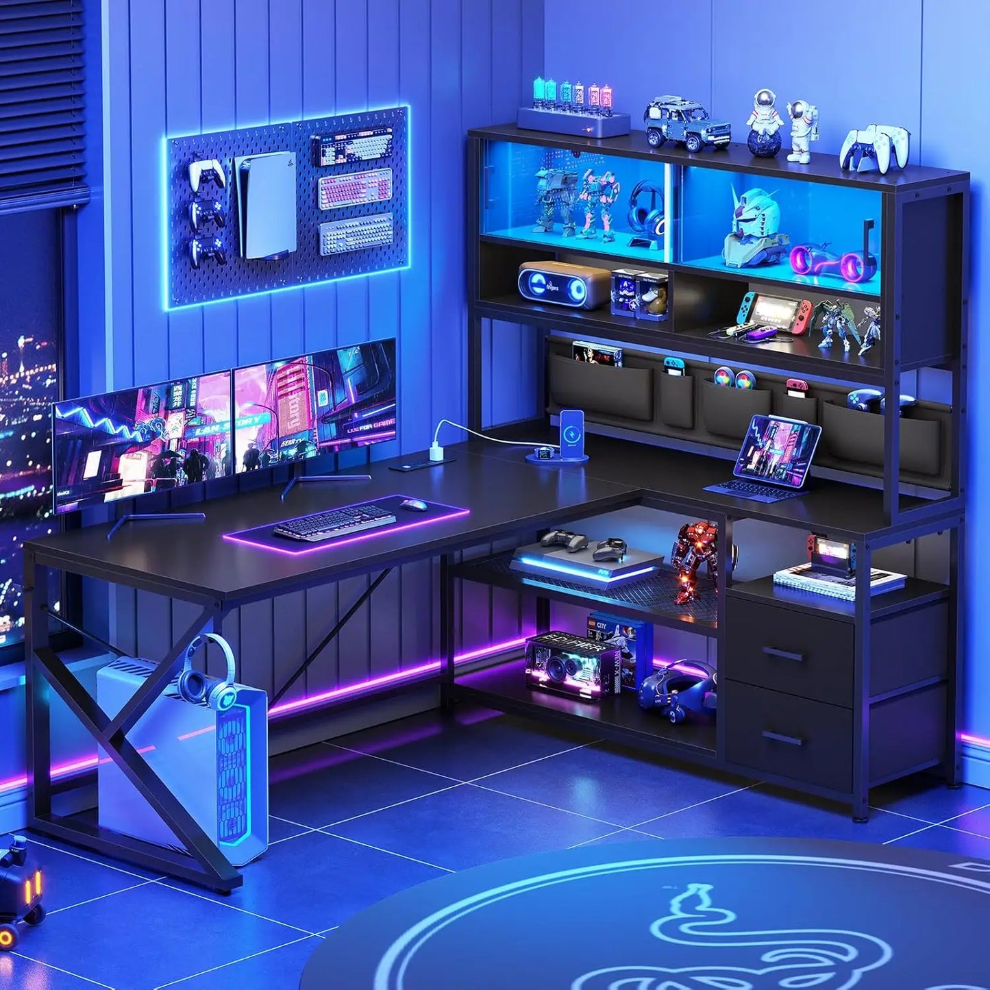 L Shaped Computer Desk With LED Light And Bookshelf