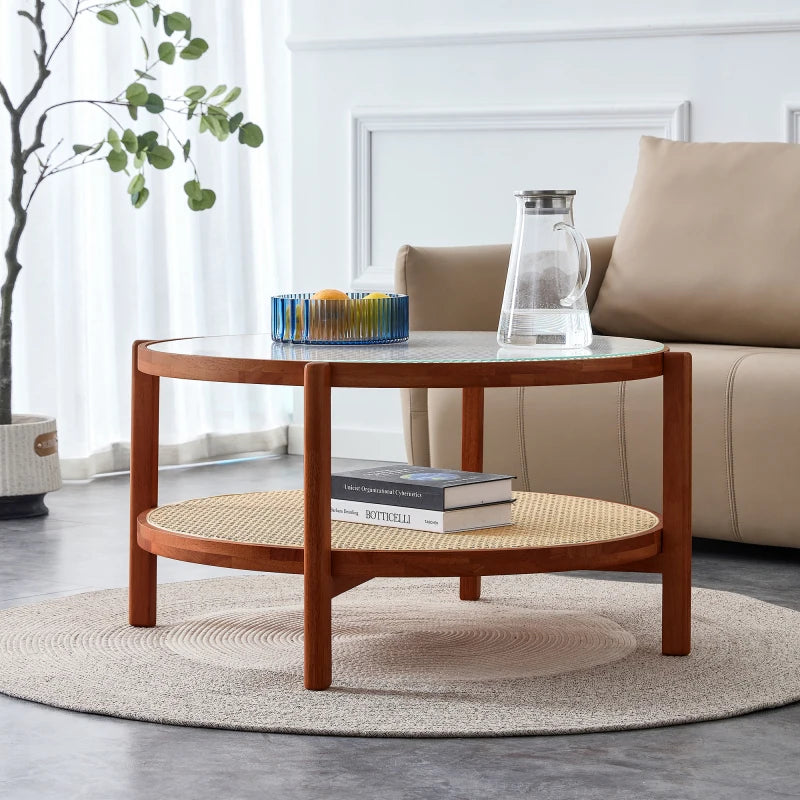 Minimalist Circular Coffee Table With Glass Top And PE Rattan