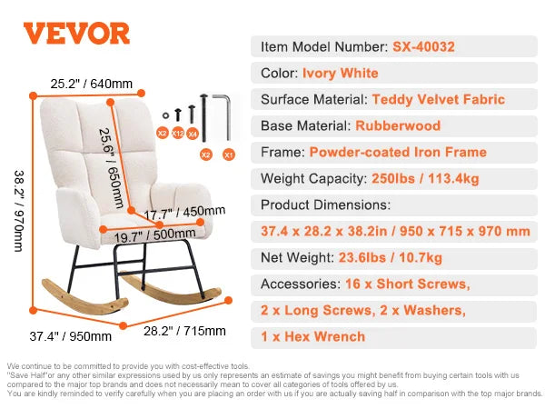 VEVOR Nursery Glider Rocking Chair Upholstered For Home Use