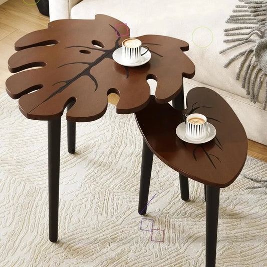 Monstera Leaf Nesting Tables Set of 2 Modern Wood Tables