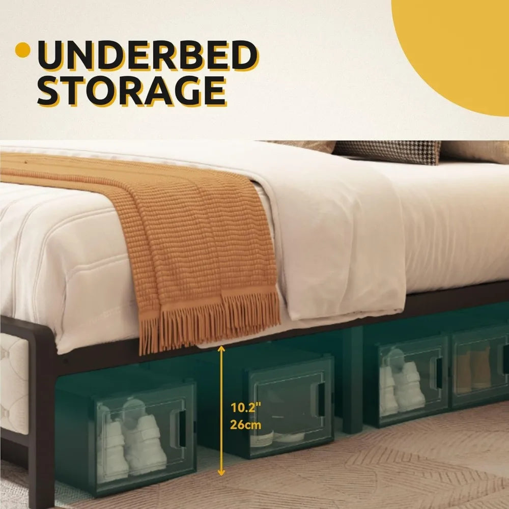 DWVO Upholstered Bed Frame With USB Charging Station Storage Headboard And Metal Slats