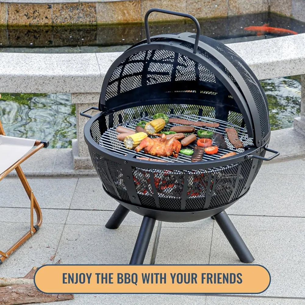 Durable Steel Wood Burning Fire Pit With Outdoor BBQ Grill