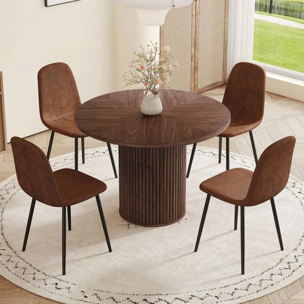 Round Dining Table Set With Suede Leather Chairs Modern Farmhouse