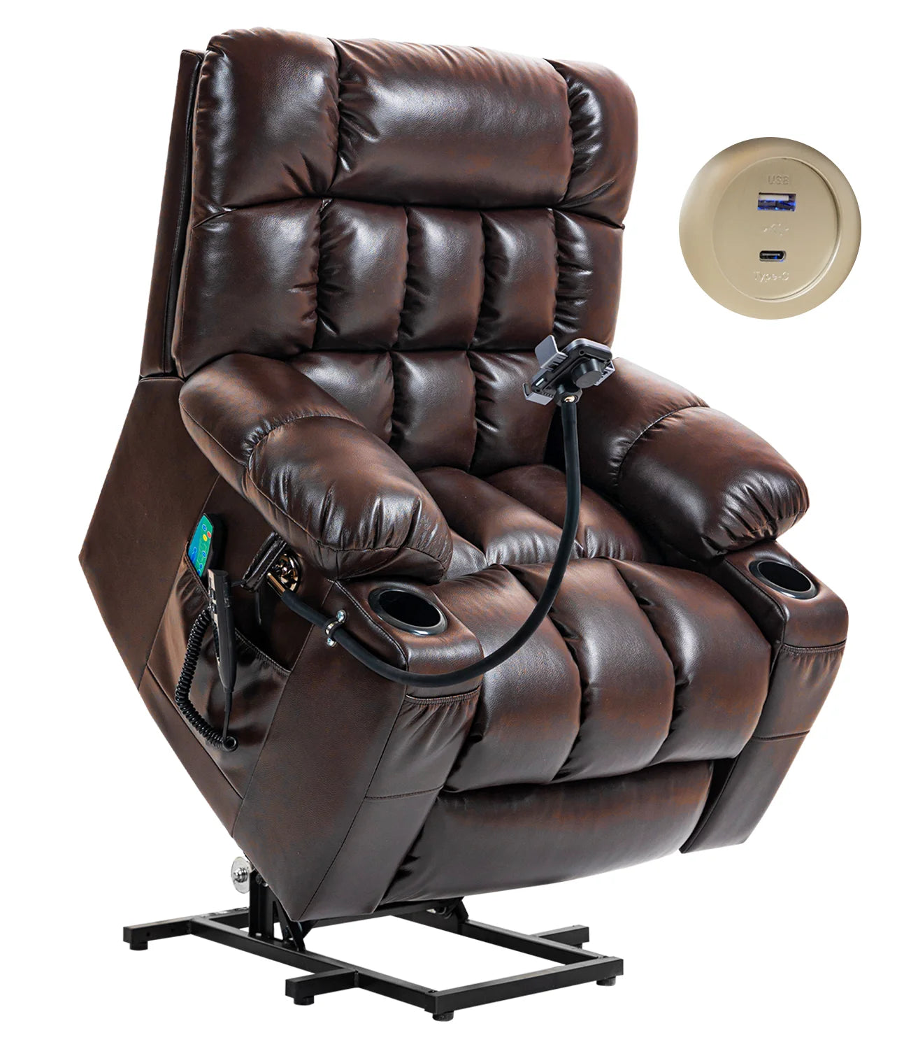 Leather Heated Lift Recliner With Dual Motor Massage Wireless Charging