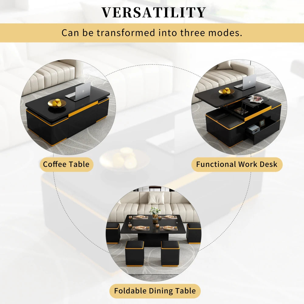 U-Can Lift Top Coffee Table With Four Storage Stools Foldable