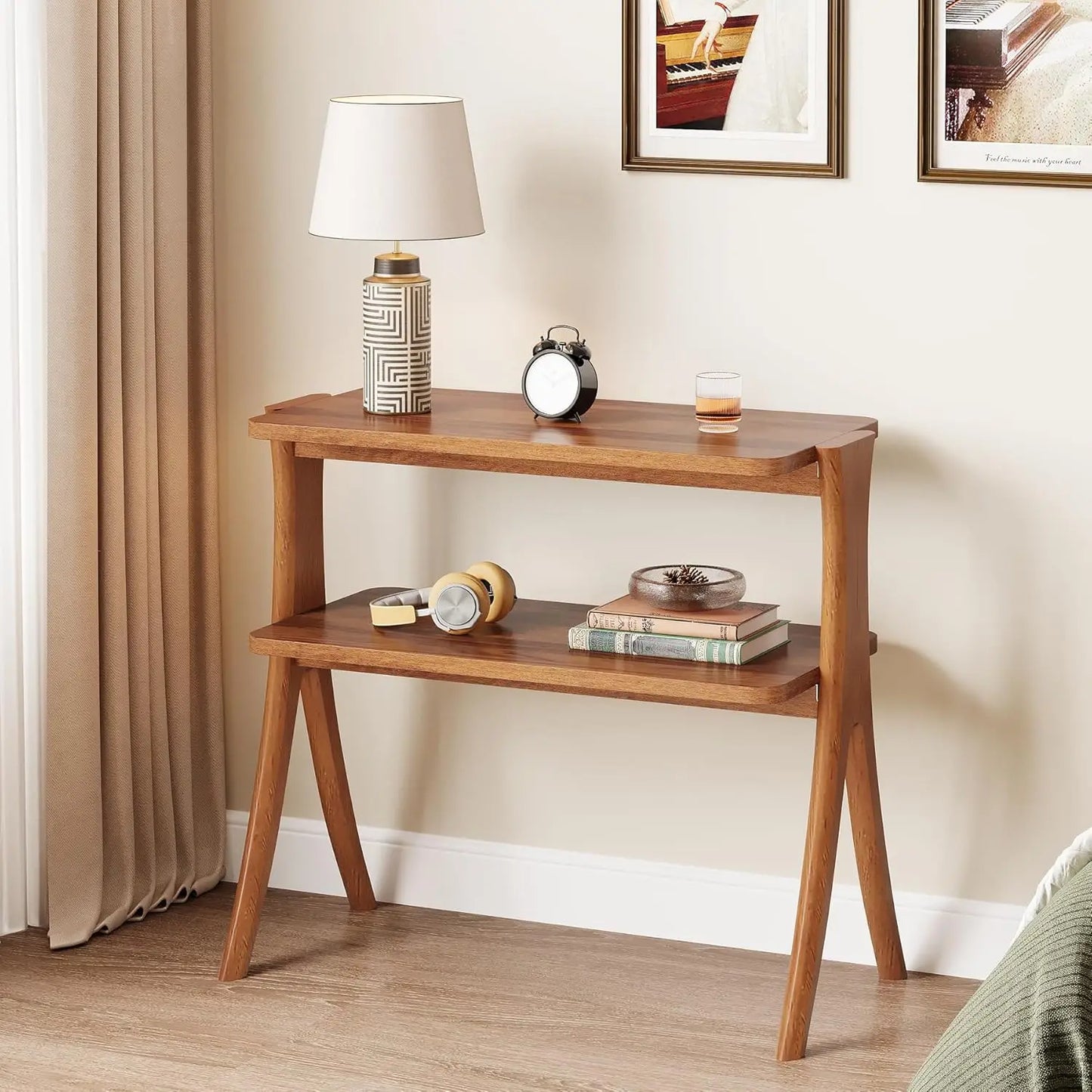 Farmhouse Side Table With 2-Tier Storage Shelf