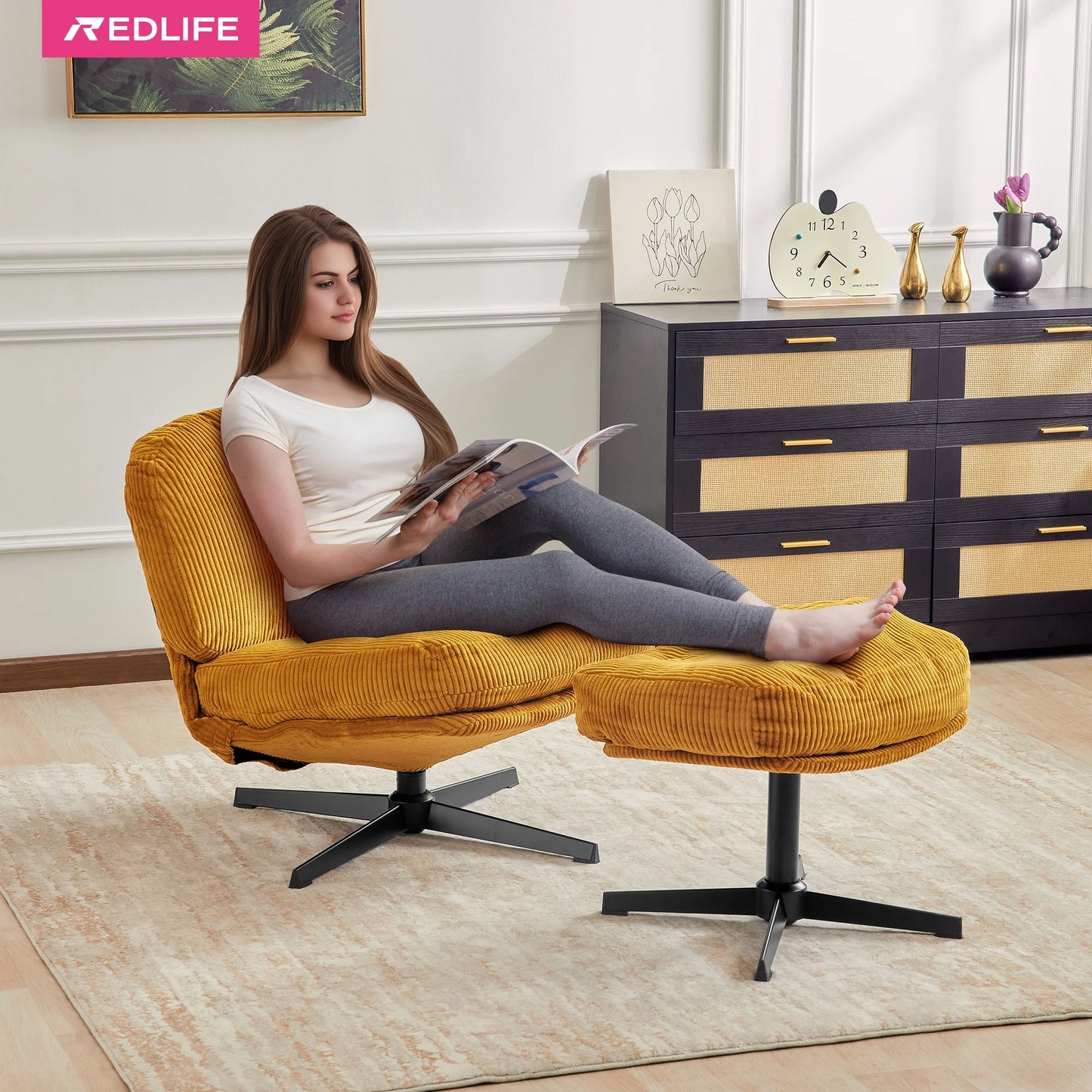 Corduroy Upholstered Swivel Lounge Chair With Footrest