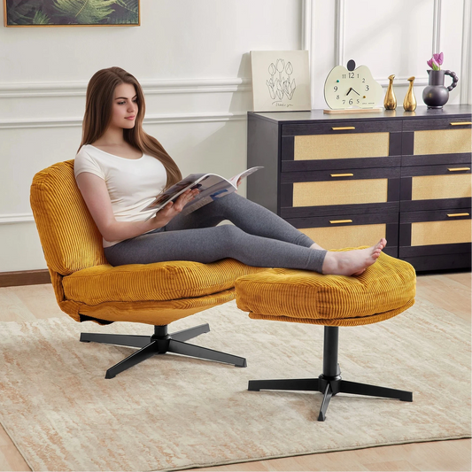 Corduroy Upholstered Swivel Lounge Chair With Footrest