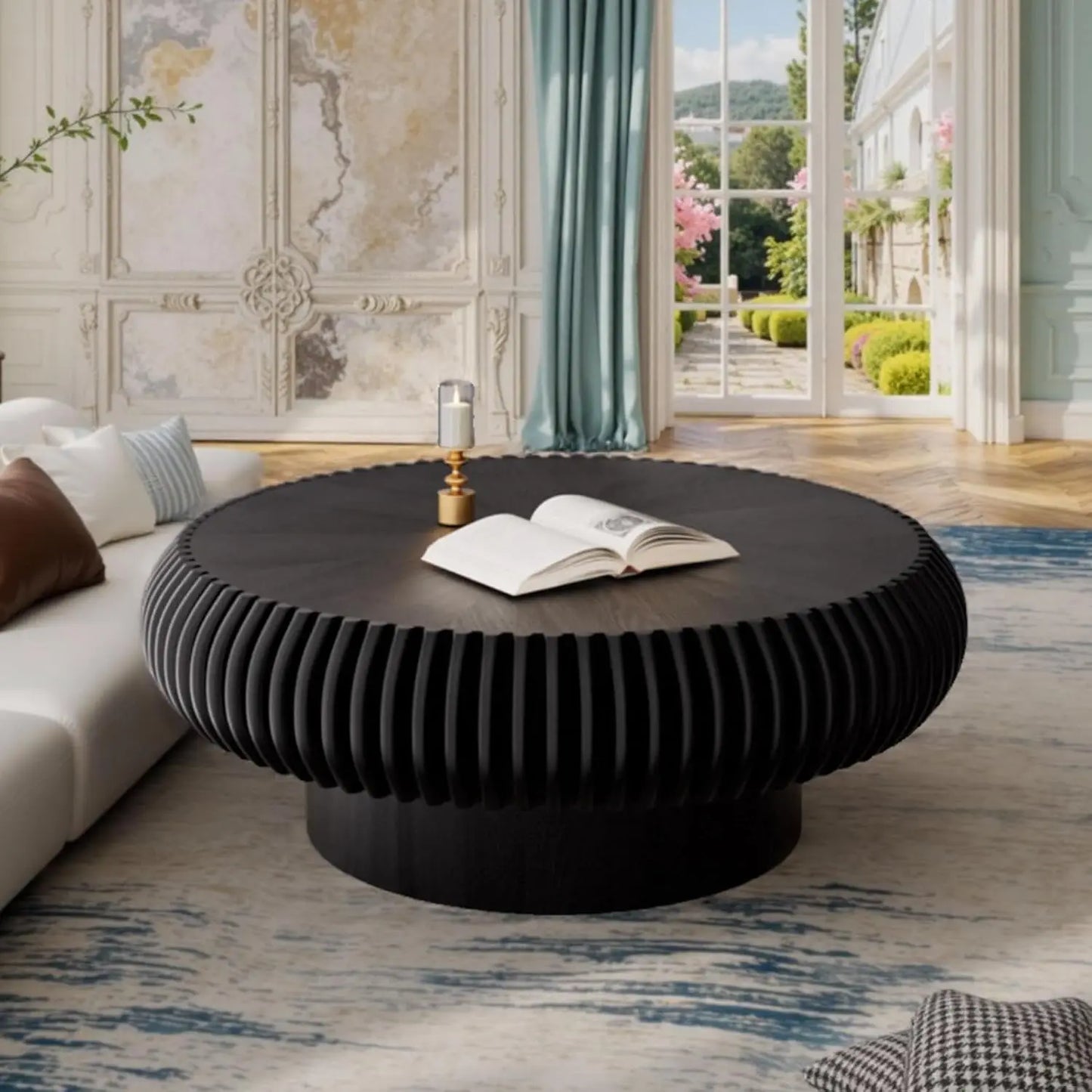 Fluted Drum Coffee Table With Sturdy Pedestal For Living Room