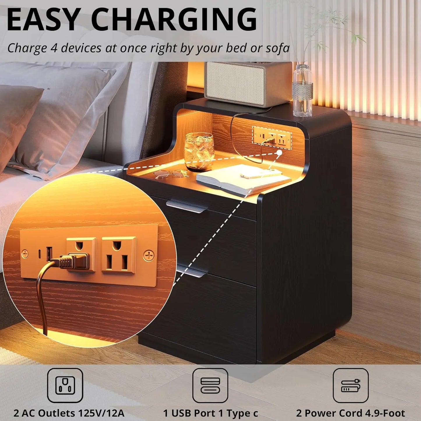 LIKIMIO Nightstand With Charging Station And LED Lights