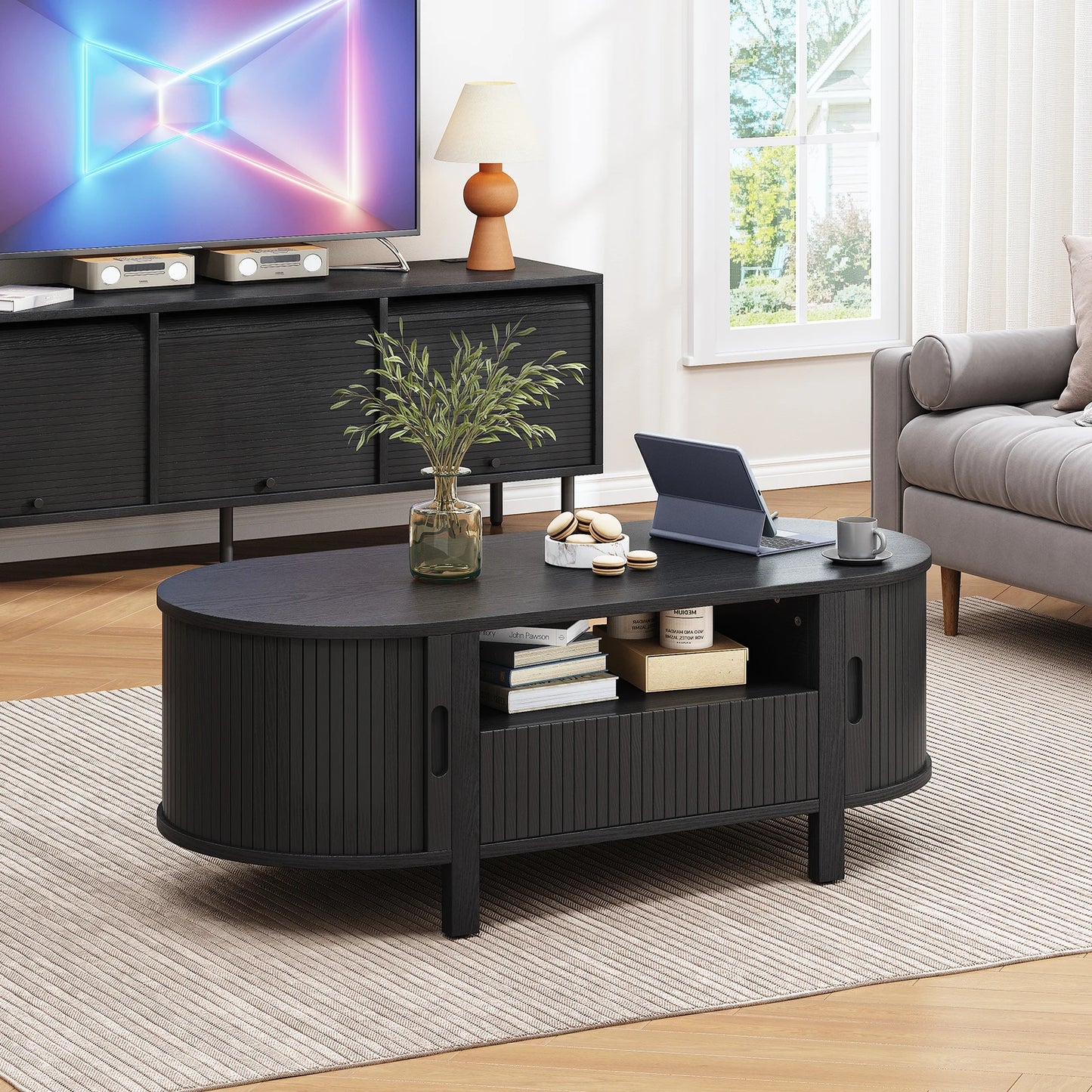 Oval Coffee Table With Storage And Sliding Doors Living Room