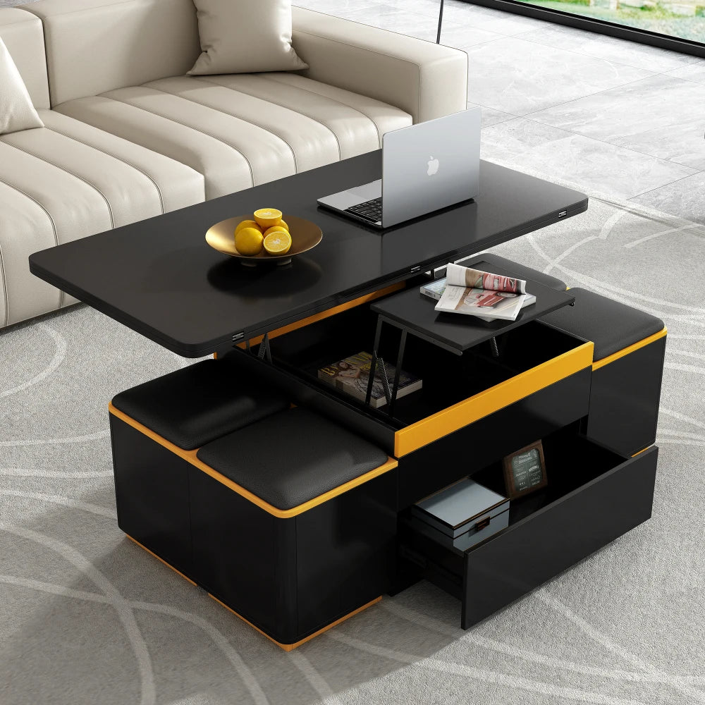 U-Can Lift Top Coffee Table With Four Storage Stools Foldable