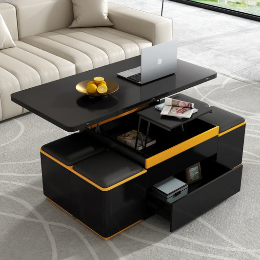 U-Can Lift Top Coffee Table With Four Storage Stools Foldable