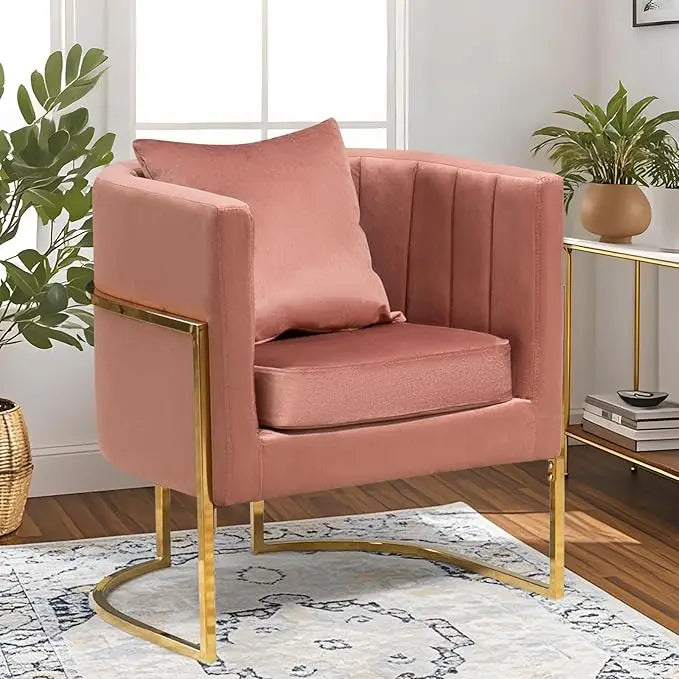Mid Century Velvet Accent Chair With Barrel Arms Gold Legs
