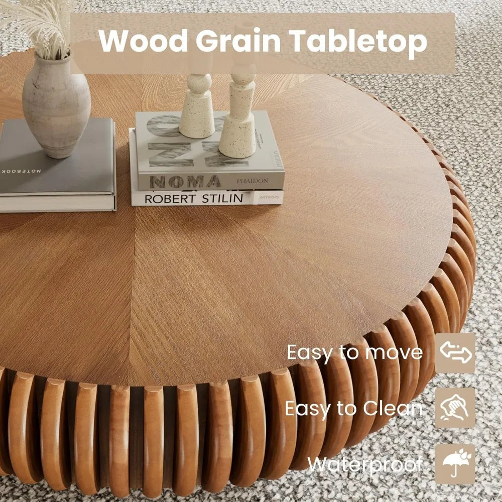 Fluted Drum Coffee Table With Sturdy Pedestal For Living Room