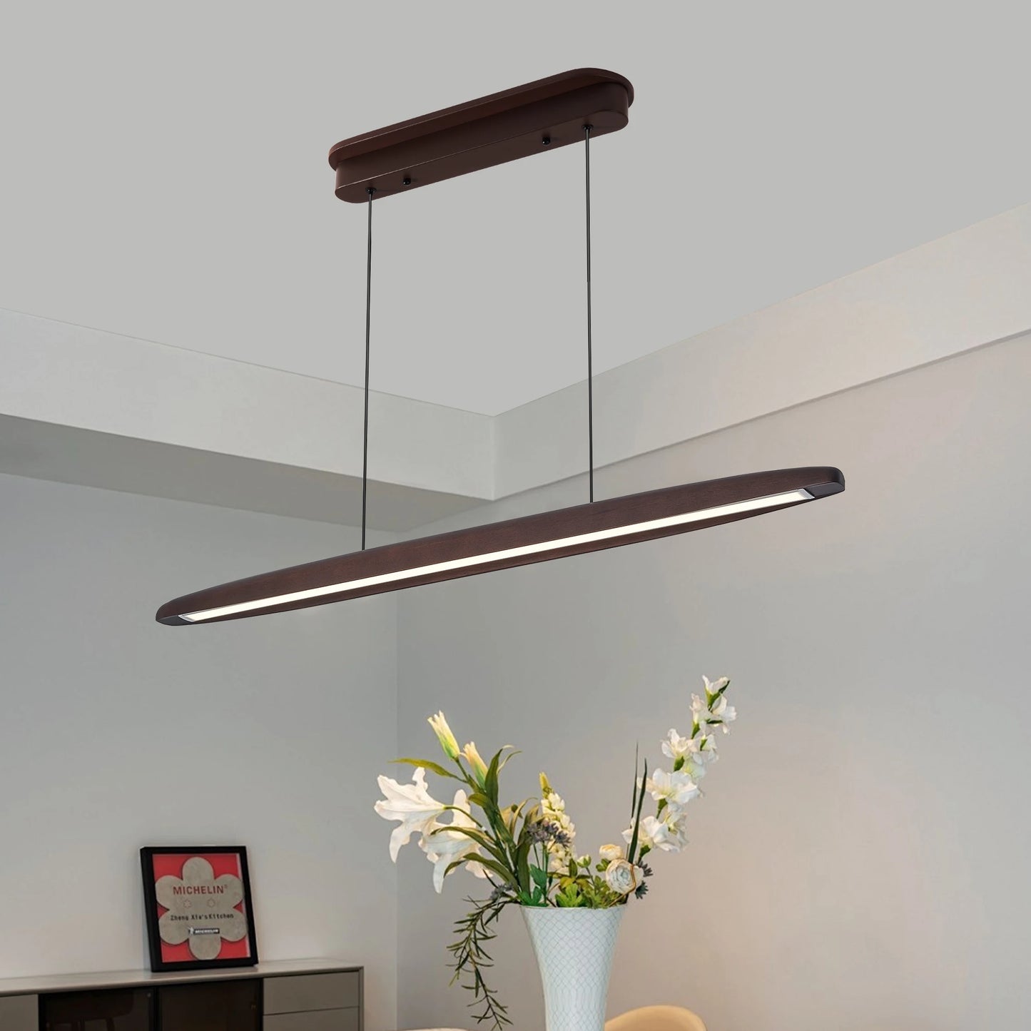 Wood Led Linear Pendant Light Dimmable For Dining Room