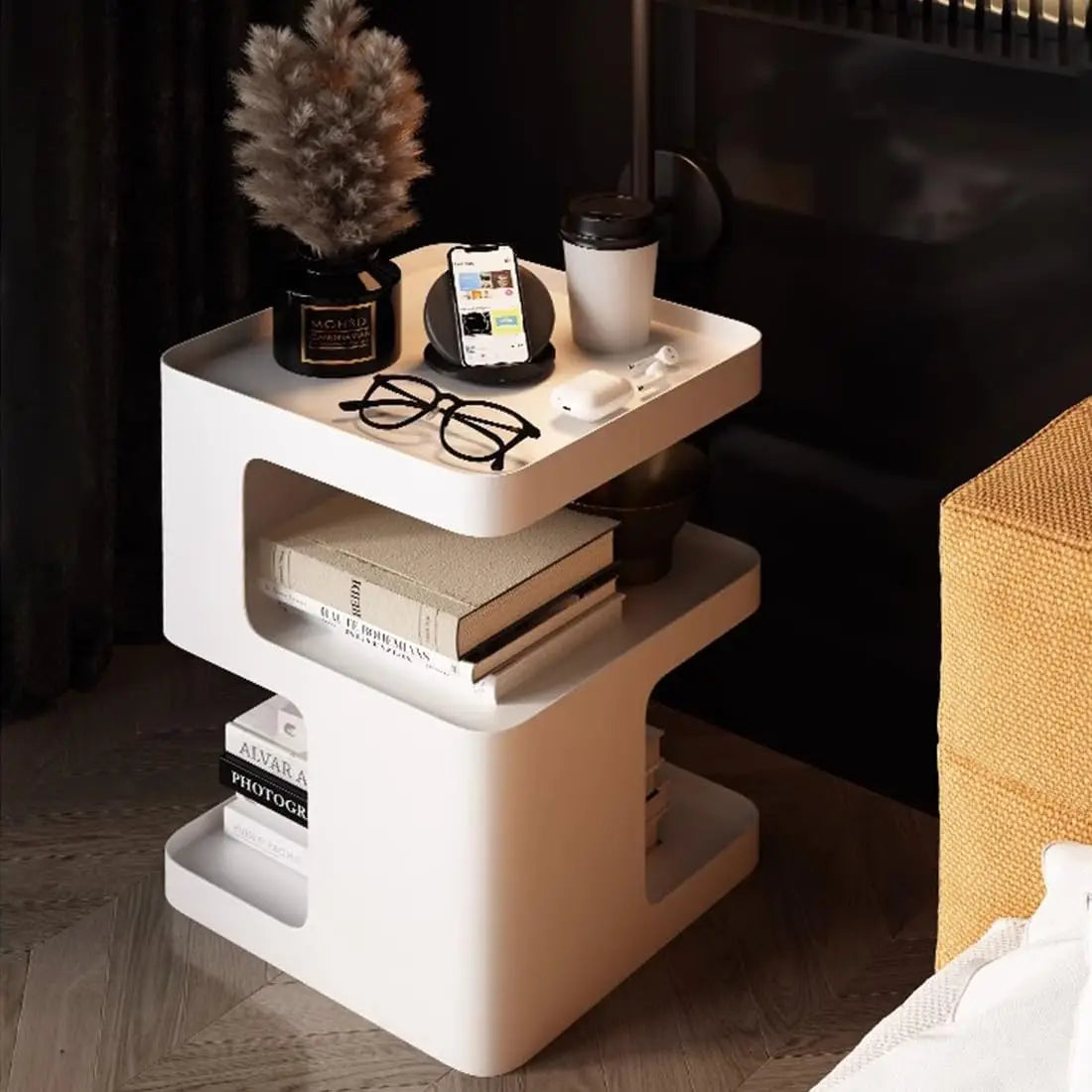 Modern Metal Nightstand Side Table With 3-Tier Storage