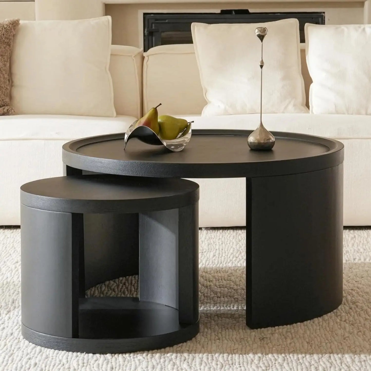 Round Nesting Coffee Tables Wood Look Finish Space Saving