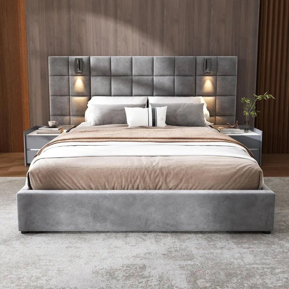 Queen Platform Bed With Adjustable Reading Lamp USB Port Headboard
