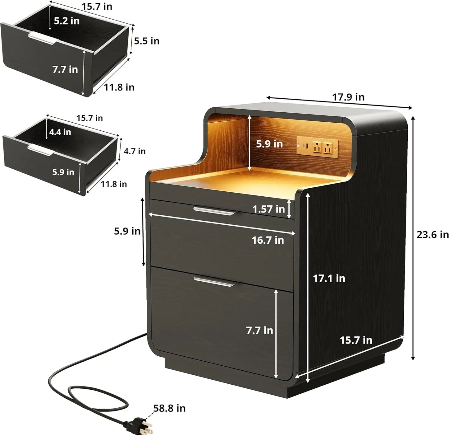 LIKIMIO Nightstand With Charging Station And LED Lights