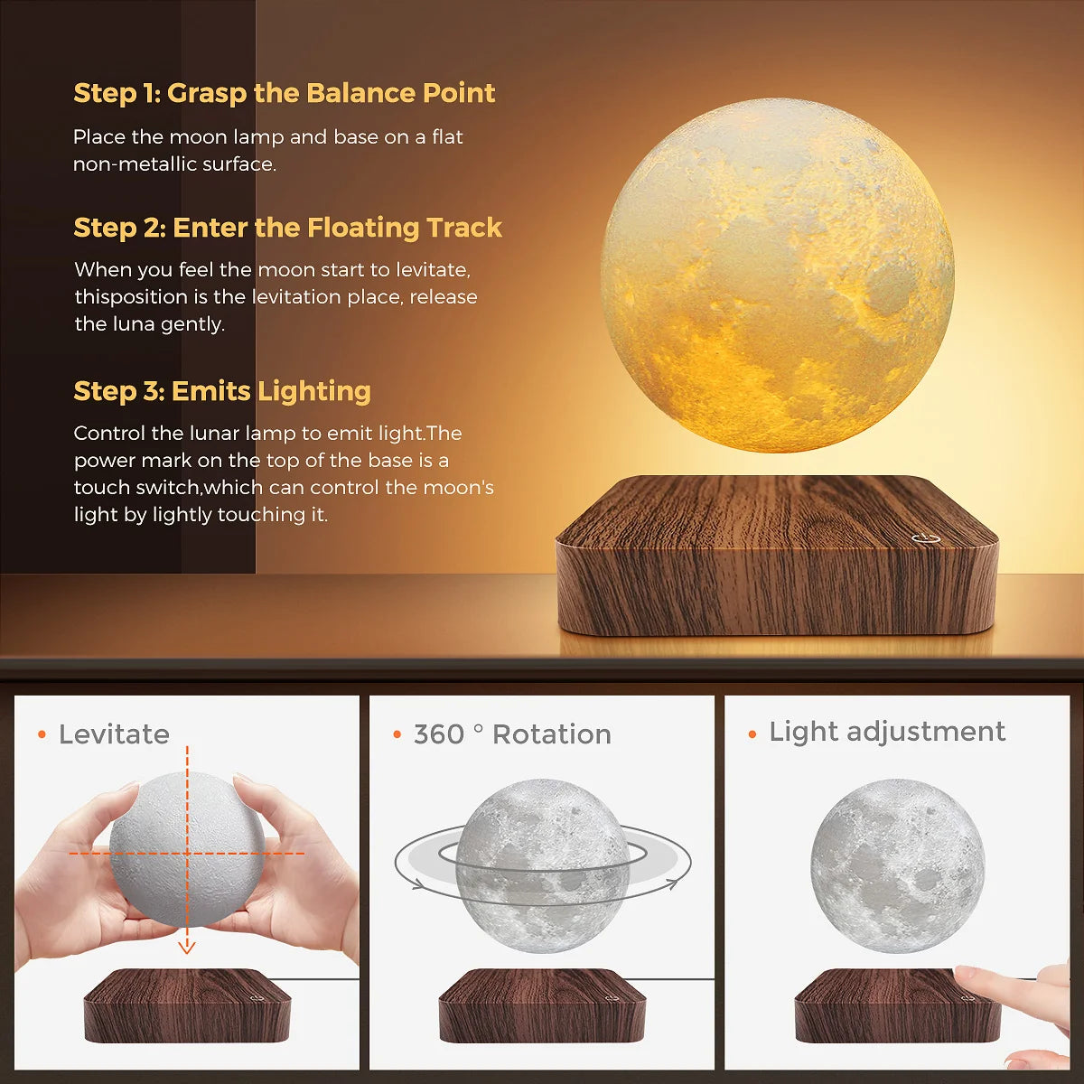 Magnetic Floating Moon Lamp With Wooden Base 3LED Lighting