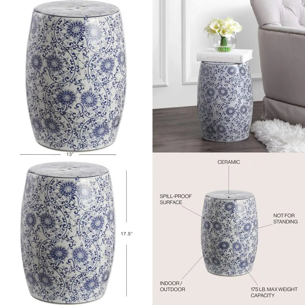 Lotus Blossom Chinoiserie Ceramic Drum Garden Stool Indoor Outdoor Bohemian Coastal Classic Cottage Style