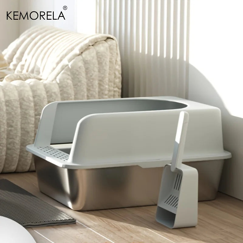 Stainless Steel Litter Box With High Side Lid And Spade