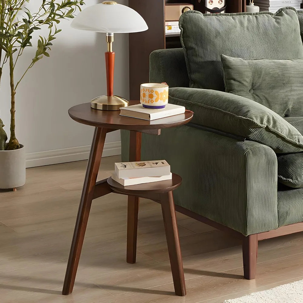 Mid Century Modern Round Oak End Table Two Tier