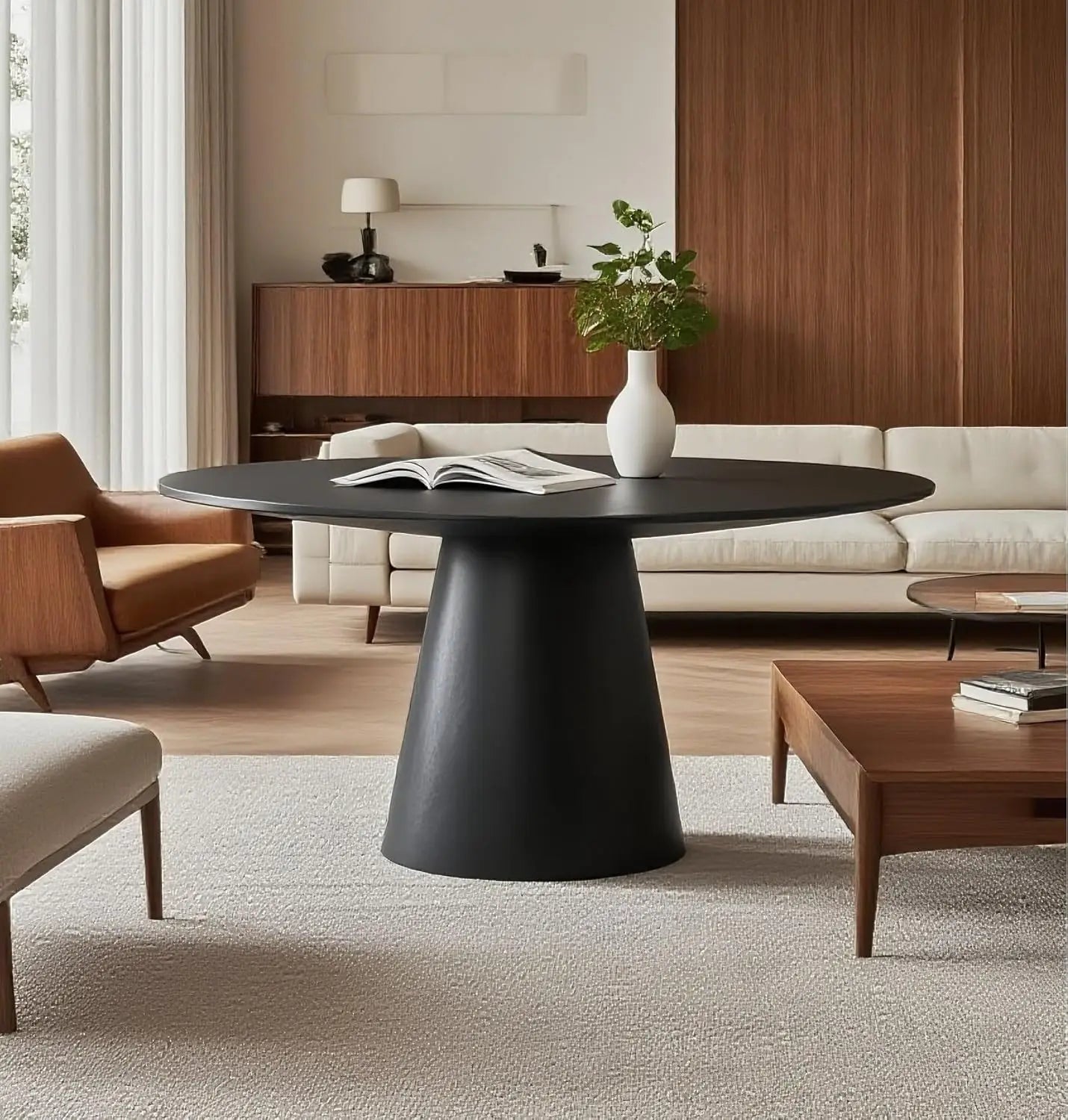 Mid Century Modern Farmhouse Round Dining Table With Wooden Pedestal Base Stain Resistant Surface