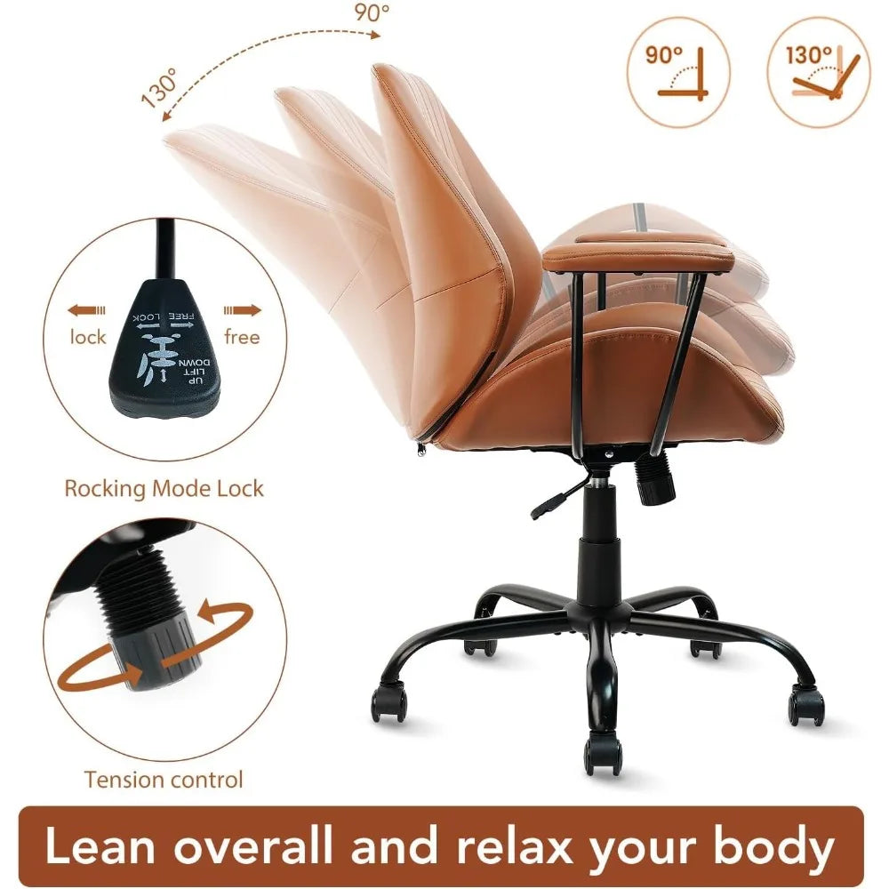 Mid Century Modern Ergonomic Leather Office Chair With Lumbar Support