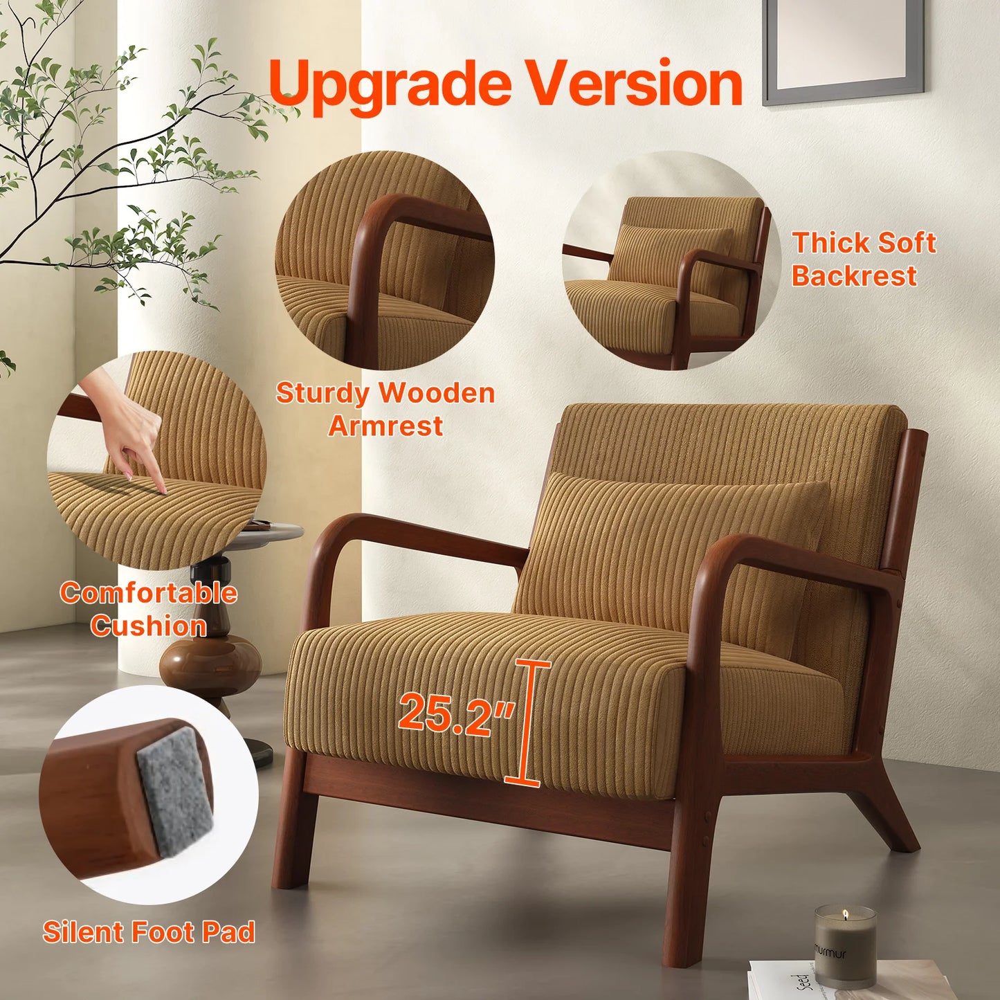 Bedro Mid Century Modern Accent Chair With Solid Wood Frame